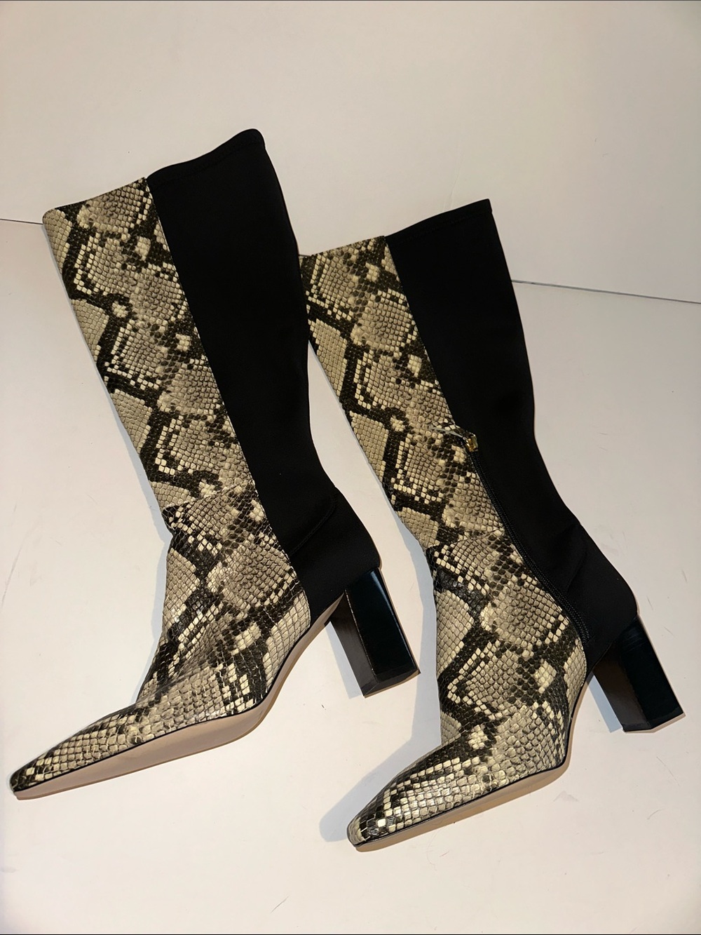 Good American Black and Beige Snake-Print Mid-Calf Block Heel Boots Sz7